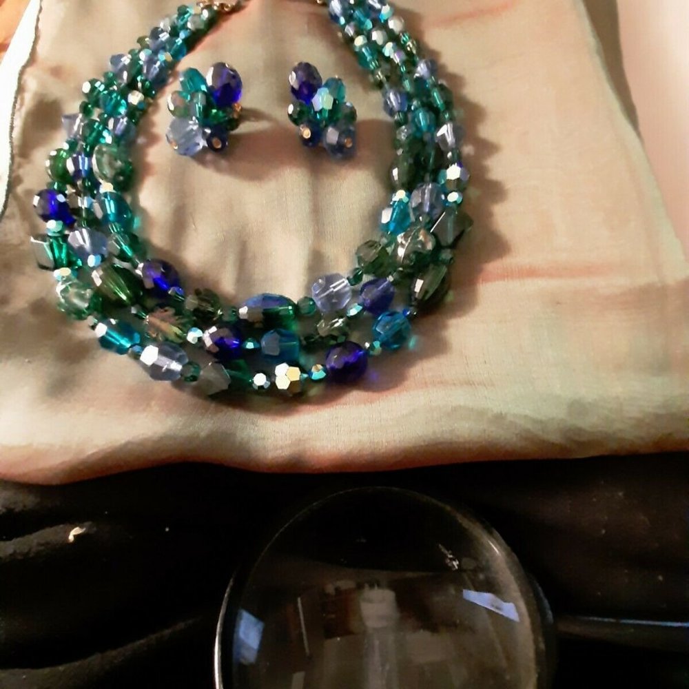 Vintage signed Hattie Carnegie 3 strand glass necklace clip earrings blue green